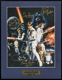 Star Wars Cast Signed Oversized Postcard in 14x18 Framed Display With 6 Signatures Including Fisher & Hamill (PSA/DNA)